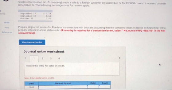 Peerless Corporation (a U.S. company made a sale to a foreign customer on September 15, for 102,000 crowns. It received payme