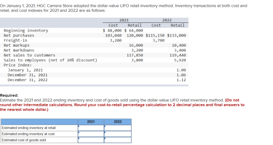 On January 1, 2021, HGC Camera Store adopted the dollar-value LIFO retail inventory method. Inventory transactions at both co