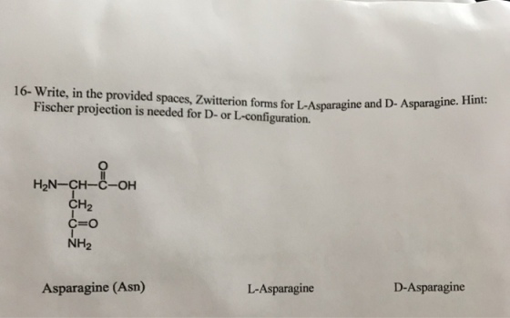 16- Write, in the provided spaces, zwitterion Hint: Fischer projection is needed for D- or forms for L-Asparagine and D- Asparagine. L-configuration. H2N-CH-C-OH CH NH Asparagine (Asn) D-Asparagine L-Asparagine
