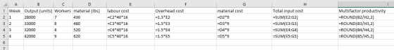 А B 1 Week Output (units) Workers material (lbs) 2 1 28000 430 3 2 33000 480 4 3 32000 520 5 4 42000 620 H Total input cost =