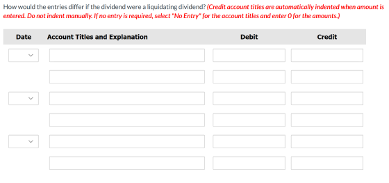 How would the entries differ if the dividend were a liquidating dividend? (Credit account titles are automatically indented w
