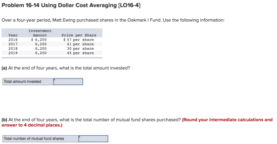 Problem 16-14 Using Dollar Cost Averaging (L016-4] Over a four-year period, Matt Ewing purchased shares in the Oakmark | Fund