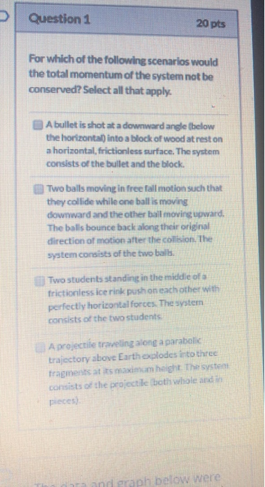 Question 1 20 pts For which of the following scenarios would the total momentum of the system not be conserved? Select all th