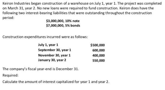 Keiron Industries began construction of a warehouse on July 1, year 1. The project was completed on March 31, year 2. No new