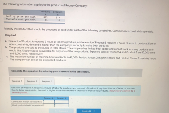 The following information applies to the products of Rooney Company: Product Product Selling price per unit Variable cost per