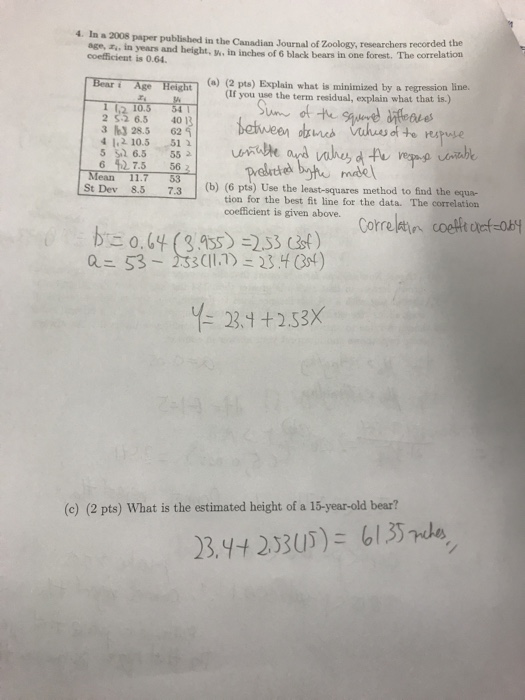 4. In a 2008 paper published in the Canadian Journal of Zoology, researchers recor the age, T. in years and height, W, in inches of 6 black bears in one forest. The coefficient is 0.64 Age Hatght () (2 pts) Explain what is minimized by a regression line 1 12 10.5 54 2 S2 6.3 401 3 3 28.5 62 4 12 10.5 51 1 5 Sh 6.5 52 6 incs Vues 7.5 56 2 Mean 11.7 St Dev .5 7.3(b) (6 pts) Use the least-squares method to find the equa- tion for the best fit line for the data. The correlation coefficient is given above. a 53-2331.)34) Y23.4+2.53x (c) (2 pts) What is the estimated height of a 15-year-old bear?