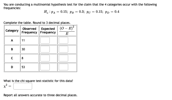 You are conducting a multinomial hypothesis test for the claim that the 4 categories occur with the following frequencies: H:
