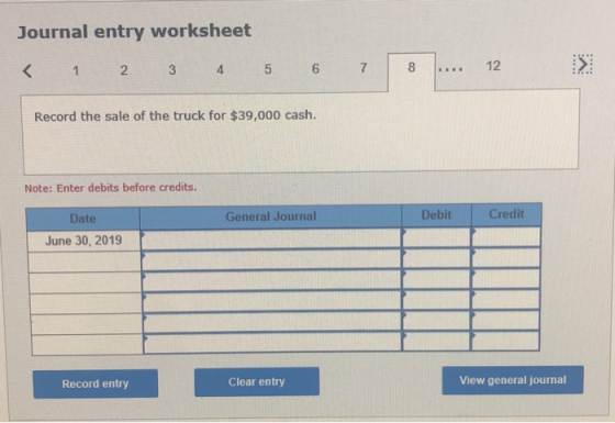 Journal entry worksheet < 1 2 3 4 5 6 7 8 .... 12 > Record the sale of the truck for $39,000 cash. Note: Enter debits before