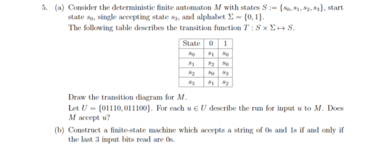 5. (a) Consider the deterministic finite automaton M with states S := {80, 81, 82, 83}, start state so, single accepting stat