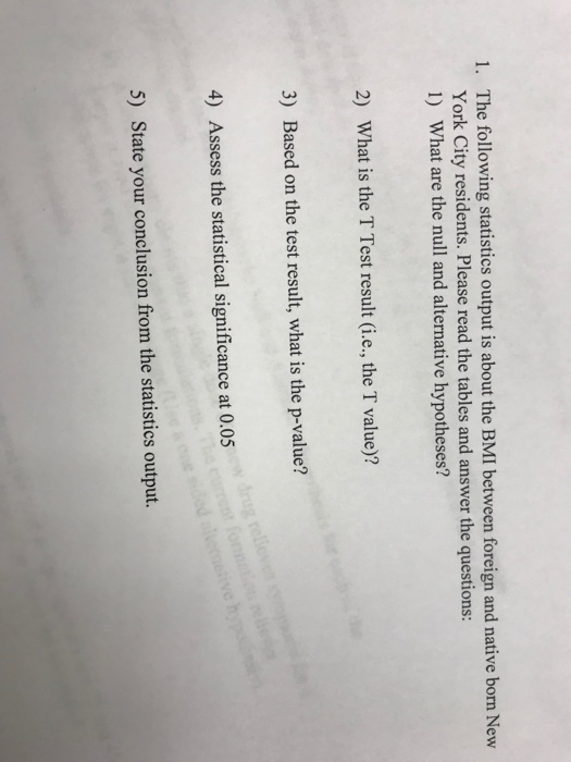 The following statistics output is about the BMI between foreign and native born New York City residents. Please read the tables and answer the questions: 1) What are the null and alternative hypotheses? 1. 2) What is the T Test result (i.e., the T value)? 3) Based on the test result, what is the p-value? 4) Assess the statistical significance at 0.05 5) State your conclusion from the statistics output.