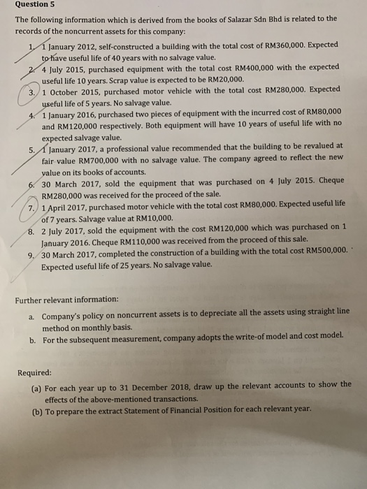 Question 5 The following information which is derived from the books of Salazar Sdn Bhd is related to the records of the nonc