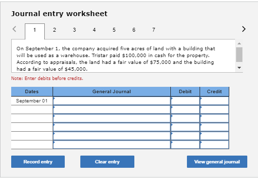 Journal entry worksheet 2 3 4 5 6 7 On September 1, the company acquired five acres of land with a building that will be used