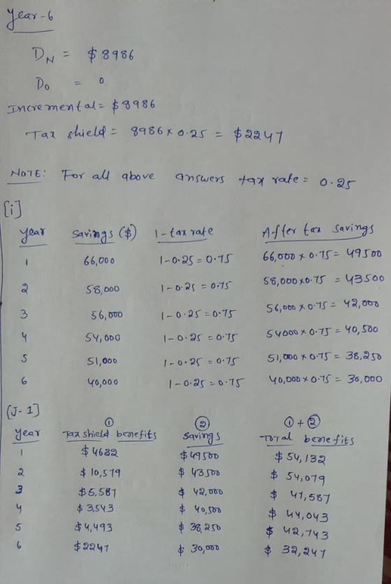 year-6 DN = $8986 Do - o Incremental = $8986 Tax shield = 8986x0.25 = $2247 NOTE: For all above answers tax rate = 0.25 [i] 1