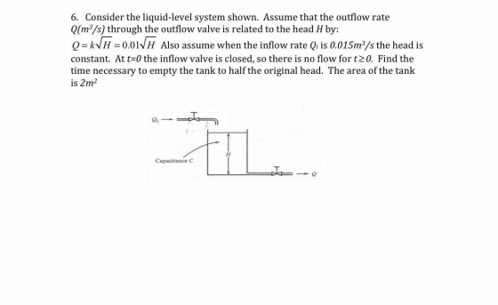 6. Consider the liquid-level system shown. Assume that the outflow rate Q(m/s) through the outflow valve is related to the he