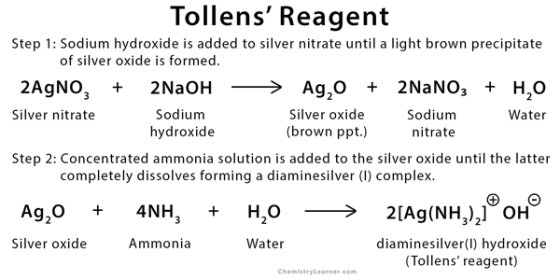 Tollens Reagent Step 1: Sodium hydroxide is added to silver nitrate until a light brown precipitate of silver oxide is forme