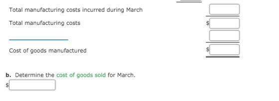 Total manufacturing costs incurred during March Total manufacturing costs Cost of goods manufactured b. Determine the cost of