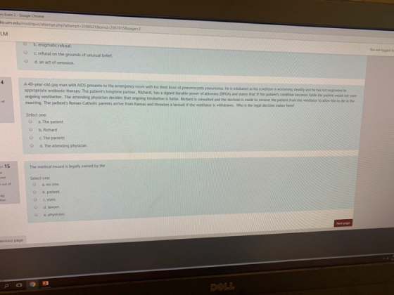 d attempt.php?attempt-31885218icmid 20670158page 2 LM enigmatic ou are logged in O c. refusal on the grounds of unusual belie