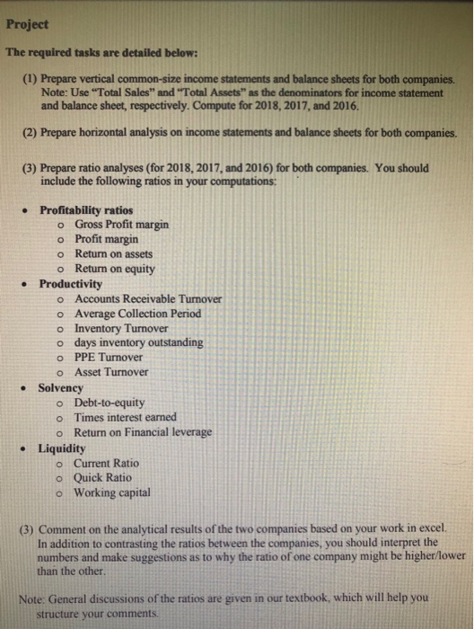 Project The required tasks are detailed below: (1) Prepare vertical common-size income statements and balance sheets for both