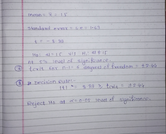 standard error= se- )-63 At % level of signi cance far n-1 6 deque es of treed om = ±2.44 9 Decision Ruete Reject Ho at S lev