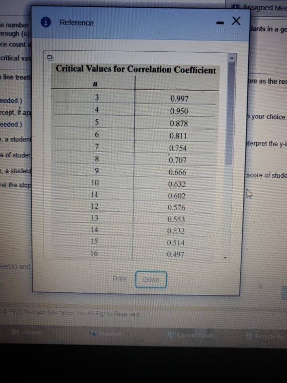 Assigned Mec Reference Х Hents in a ge e number hrough (e) ce count a critical val Critical Values for Correlation Coefficien