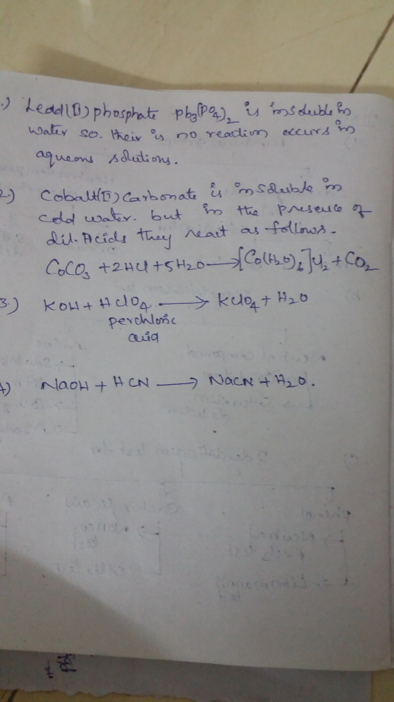 I Lead B) phosphate pbg[pof) is insoluble en - Water so. Their is no reaction excurs in aqueons solutions. 2. Cobalto Carbona