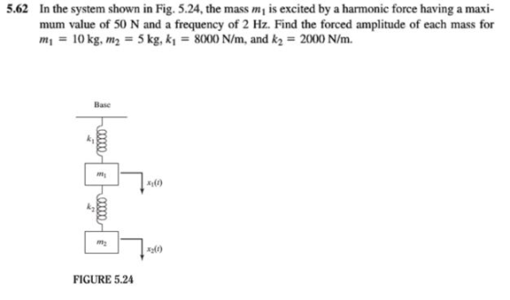 5.62 In the system shown in Fig. 5.24, the mass m is excited by a harmonic force having a maxi mum value of 50 N and a frequency of 2 Hz. Find the forced amplitude of each mass for m1 = 10 kg, m2 5 kg, ki = 8000 N/m. and k2-2000 N/m. Base xi(t) Im2 2(0) FIGURE 5.24