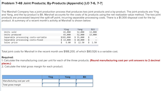 Problem 7-48 Joint Products; By-Products (Appendix) [LO 7-6, 7-7] The Marshall Company has a joint production process that pr