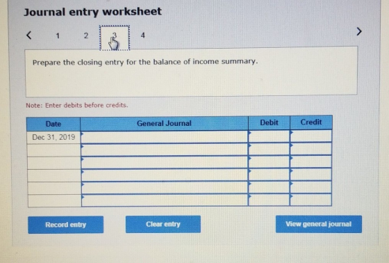 Journal entry worksheet < 1 2 Prepare the closing entry for the balance of income summary. Note: Enter debits before credits.