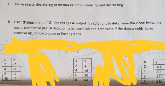 a. Increasing or decreasing or neither or both increasing and decreasing. b. Use change in input & the change in output c