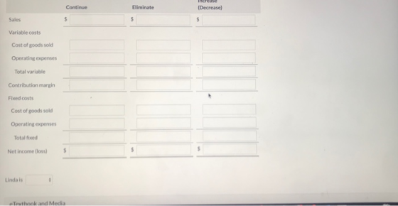 Continue Eliminate (Decrease) Sales Variable costs Cost of goods sold Operating expenses Total variable Contribution margin F