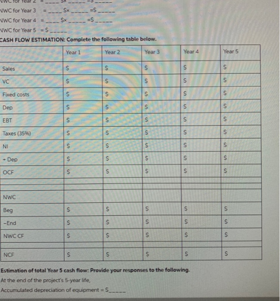 WC for Year 3 Sx NWC for Year 4 $x WC for Year 5 = $__ CASH FLOW ESTIMATION: Complete the following table below. Year 5 Year