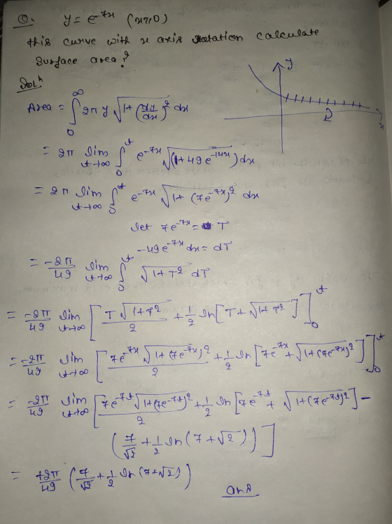 O. Y = eth Caro) this curve with se aris Surface area? Natation calculate Sool A = Pan y sin call it on on line sa put Srba