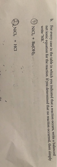 6. For every case in the table in which you indicated that a reaction occurs, write a balanced net ionic equation for the rea