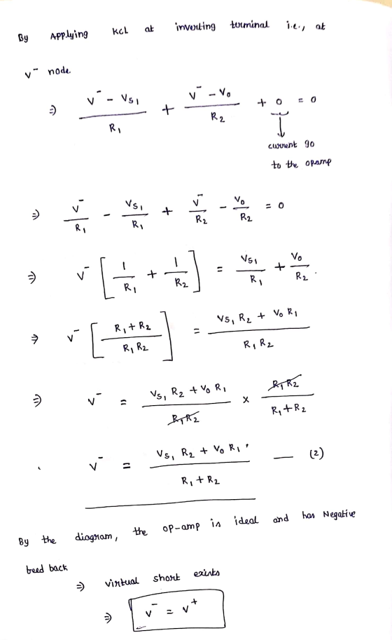invouing terminal lies at By Applying KCL at v node V - Vsi V - Ve st R2 current 90 to the operne 11 hvitt ta] wa VS, R,+ vor