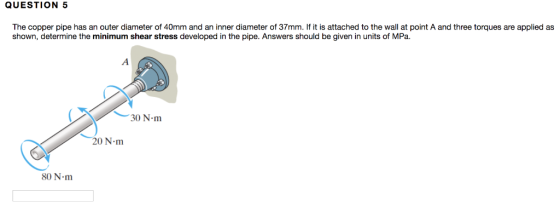 QUESTION 5 The copper pipe has an outer diameter of 40mm and an inner diameter of 37mm. If it is attached to the wall at poin