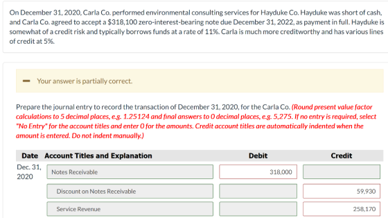 On December 31, 2020, Carla Co. performed environmental consulting services for Hayduke Co. Hayduke was short of cash, and Ca