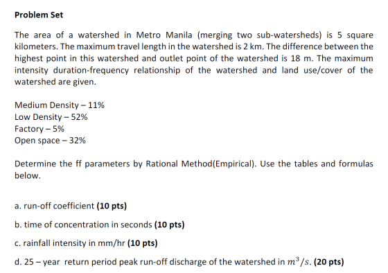 Problem Set The area of a watershed in Metro Manila (merging two sub-watersheds) is 5 square kilometers. The maximum travel l