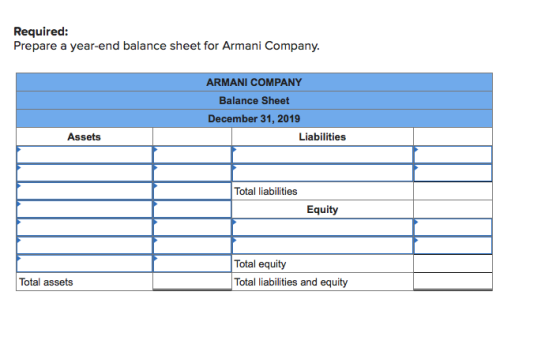 Required: Prepare a year-end balance sheet for Armani Company. ARMANI COMPANY Balance Sheet December 31, 2019 Liabilities Ass