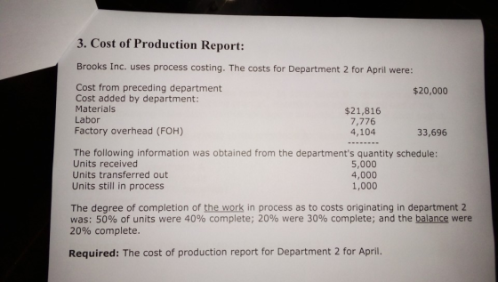 3. Cost of Production Report: Brooks Inc. uses process costing. The costs for Department 2 for April were: $20,000 Cost from
