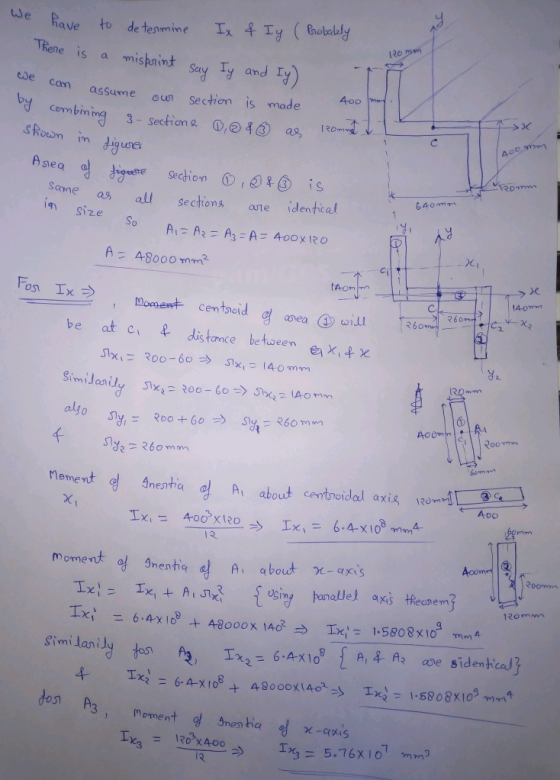we Rave to de tenmine I 4 Ty (holbly TRene is a mishintay Ty and Ty) Say I cde cam assume oun Section is made Combin - Section Q S Rowm im Section C),04 same as all sections aneiden size 48000mm? be at ei f distance bet ween e x,우x 12. moment a gnentia a} A, about χ_qxs oom don 051 A