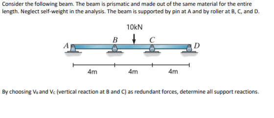 Consider the following beam. The beam is prismatic and made out of the same material for the entire length. Neglect self-weight in the analysis. The beam is supported by pin at A and by roller at B, C, and D 10kN 4m 4m 4m By choosing Vs and Vc (vertical reaction at B and C) as redundant forces, determine all support reactions