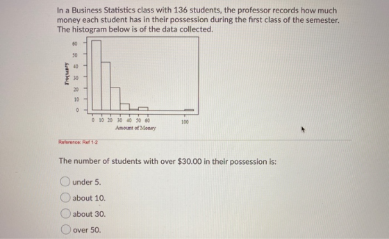 In a Business Statistics class with 136 students, the professor records how much money each student has in their possession d