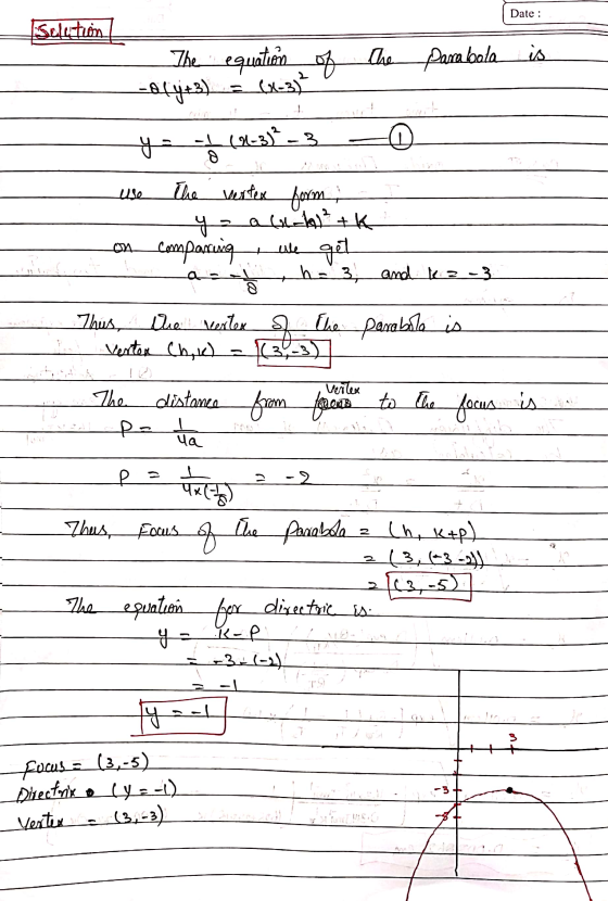 Date : Selution is The equation of the Pambola -ofyt3) (x-3)² ya (1-3 ²-3 8 the vertex form, y al-h1²+k on comparing get ha 3
