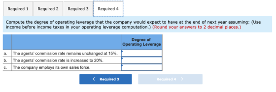 Required 1 Required 2 Required 3 Required 4 Compute the degree of operating leverage that the company would expect to have at
