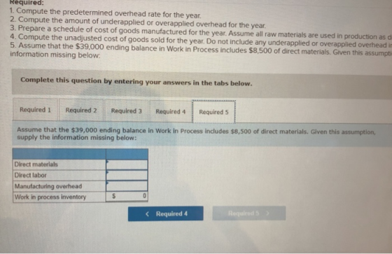 Required: 1. Compute the predetermined overhead rate for the year. 2. Compute the amount of underapplied or overapplied overh