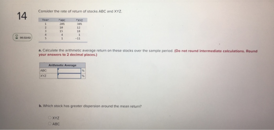 Consider the rate of return of stocks ABC and XYZ. 14 Year 2 3 ABC 20% 10 15 4 1 ΓΧΥΣ sex 12 18 1 -11 00:32:02 5 a. Calculate