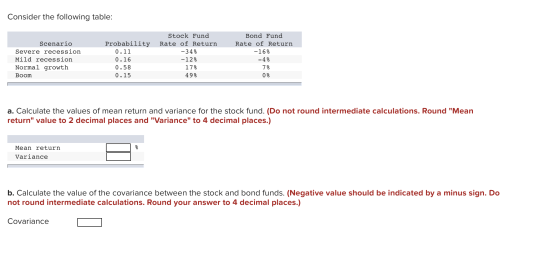 Consider the following table: Scenario Severe recession Mild recession Normal growth Boom Stock Fund Probability Rate of Retu