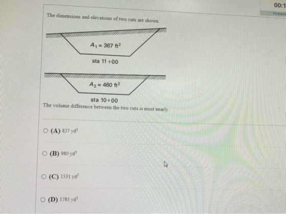 00:1 The dimensions and elevations of two cuts are shown Remains A, = 367 ft2 sta 11 +00 A2 = 460 ft2 sta 10+00 The volume di