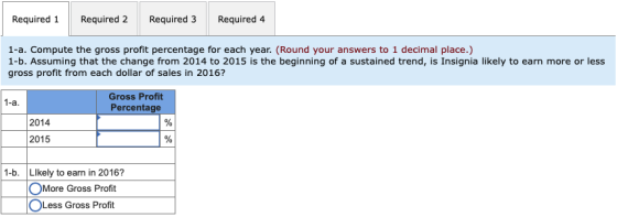 Required 1 Required 2 Required 3 Required 4 1-a. Compute the gross profit percentage for each year. (Round your answers to 1