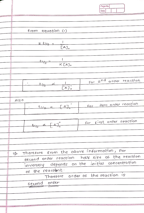 Page No. Date From equation (1) KE1 = [A]. txt K CAJ. For and order reaction [A] Also - tila for Zero order reaction for firs